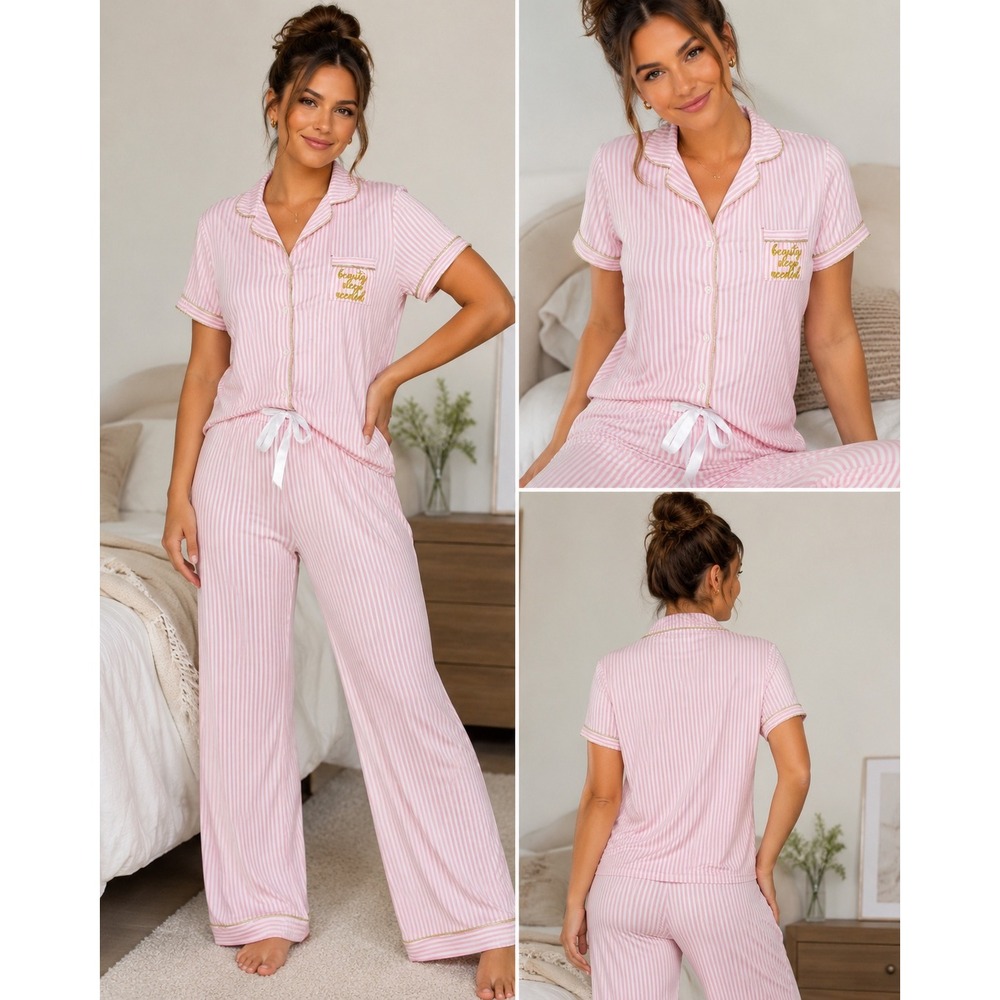 Sleep.plz‎ Pajama Set Womens M Pink White Stripe Gold Trim Beauty Sleep Y2K PJs